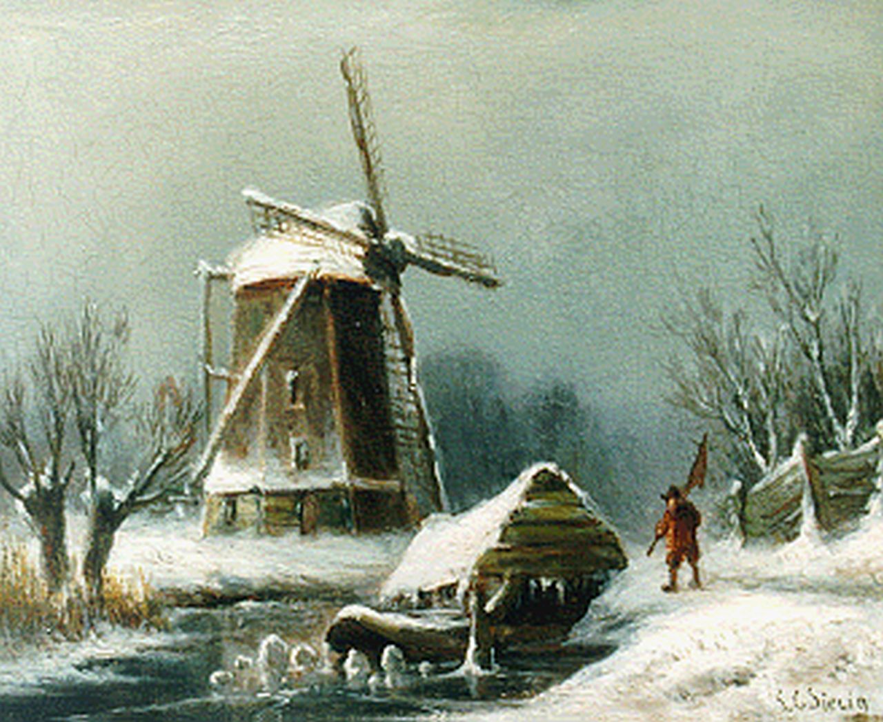 Sierich L.C.  | Ludwig Casimir 'Louis' Sierich, A winter landscape with windmill, Öl auf Holz 13,3 x 16,4 cm, signed l.r.