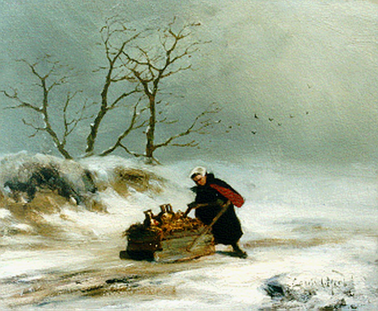 Apol L.F.H.  | Lodewijk Franciscus Hendrik 'Louis' Apol, Woman with sledge in winter, Öl auf Holz 19,2 x 23,6 cm, Unterzeichnet l.r. und zu datieren ca. 1872-1875