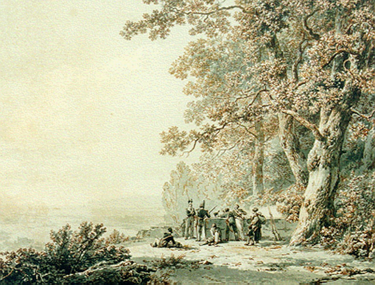 Koekkoek B.C.  | Barend Cornelis Koekkoek, Soldiers in a panoramic landscape, Sepia auf Papier 25,2 x 32,7 cm, Unterzeichnet r.u. und datiert 1830