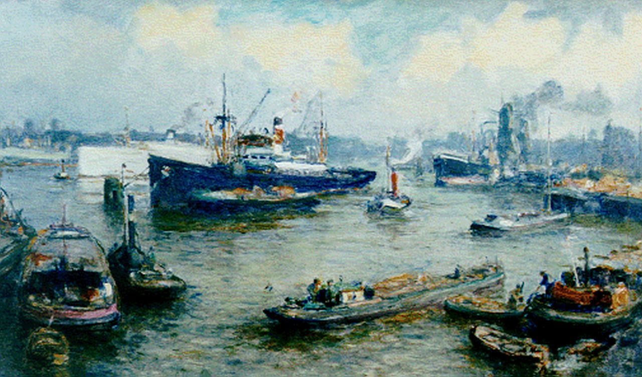 Moll E.  | Evert Moll, Harbour activities, Rotterdam, Öl auf Leinwand 59,6 x 99,8 cm, signed l.l.