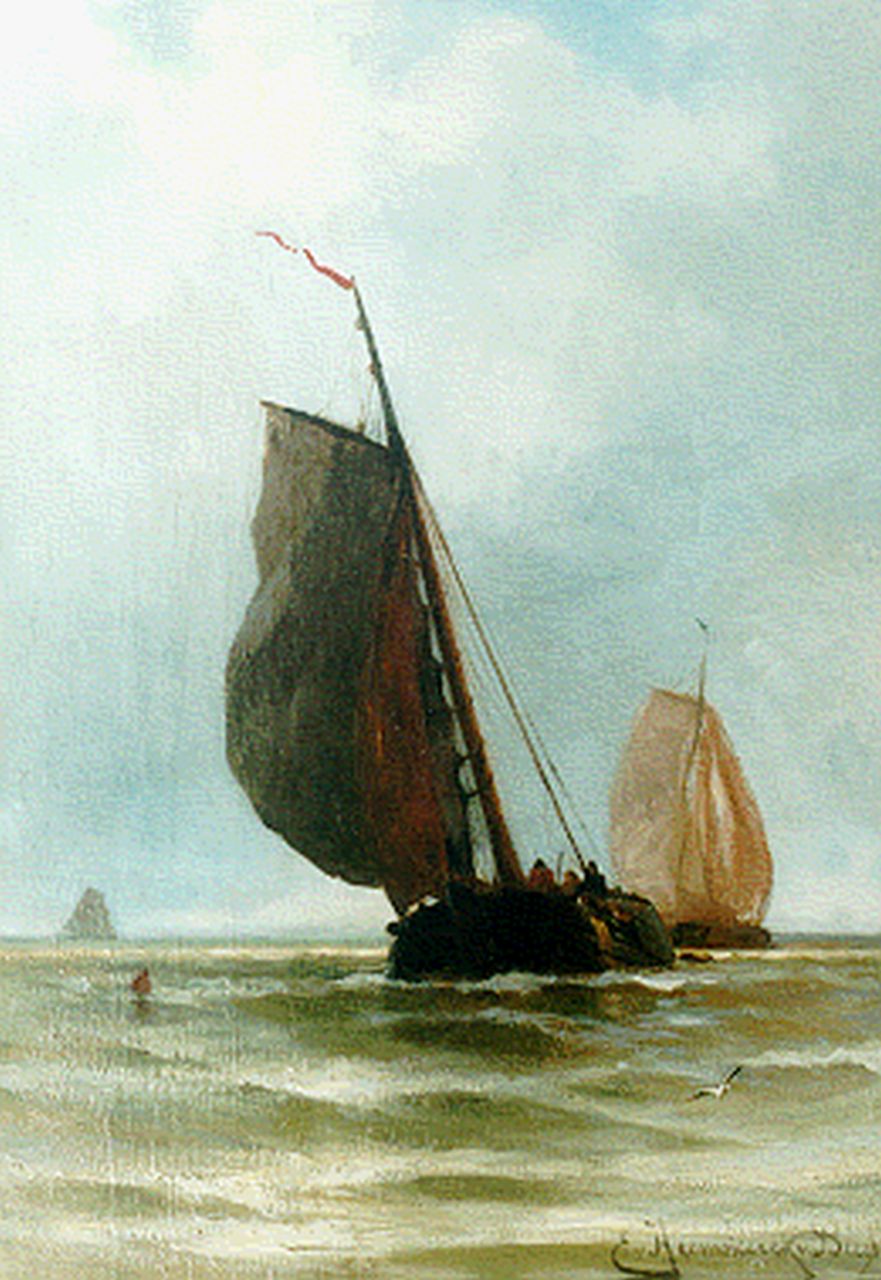Heemskerck van Beest J.E. van | Jacob Eduard van Heemskerck van Beest, Flatboats at Sea, Öl auf Holz 50,0 x 34,7 cm, signed l.r.