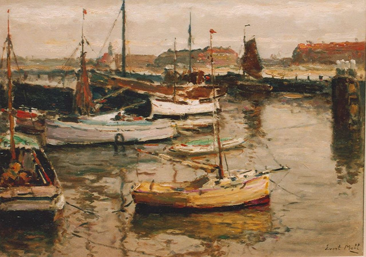Moll E.  | Evert Moll, Moored sailing vessels, Scheveningen, Öl auf Leinwand 50,2 x 70,4 cm, signed l.r.