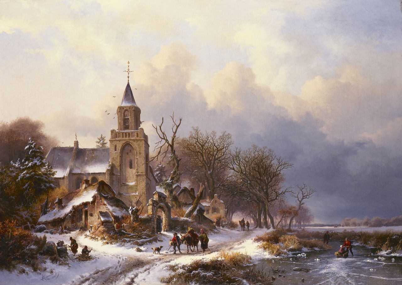 Kruseman F.M.  | Frederik Marinus Kruseman, A winter landscape with figures on the ice, a church in the distance, Öl auf Leinwand 79,0 x 111,3 cm, signed l.l. und dated 1858