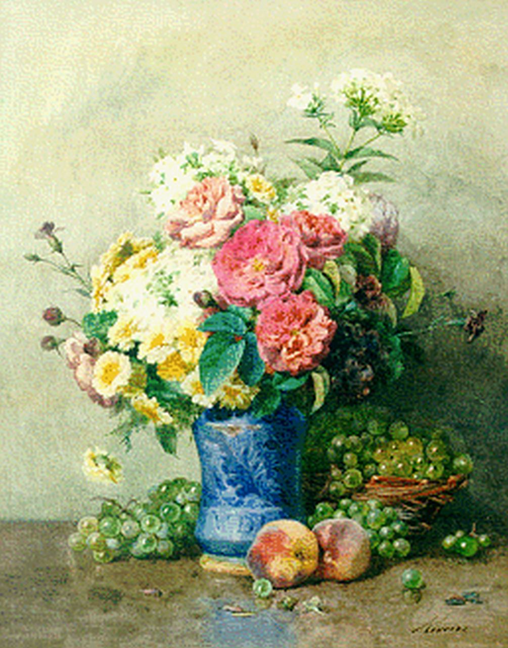 Rivoire F.  | François Rivoire, Still life with roses, phloxes and fruit, Aquarell auf Papier 58,4 x 46,4 cm, signed l.r.