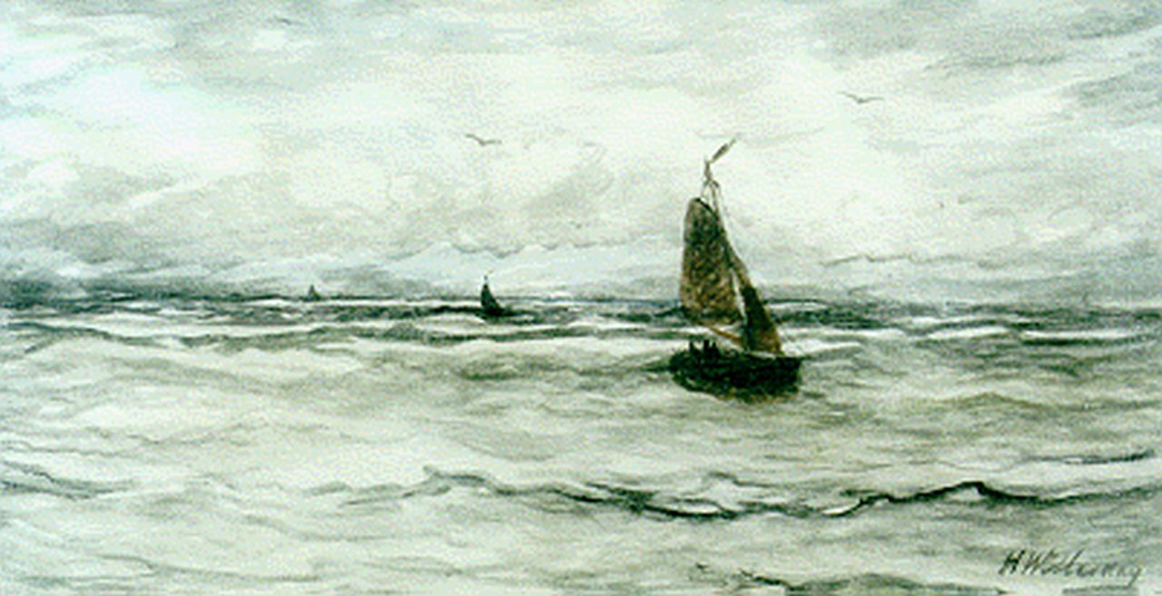 Mesdag H.W.  | Hendrik Willem Mesdag, 'Bomschuiten'  in full sail, Aquarell auf Papier 36,3 x 65,7 cm, signed l.r.