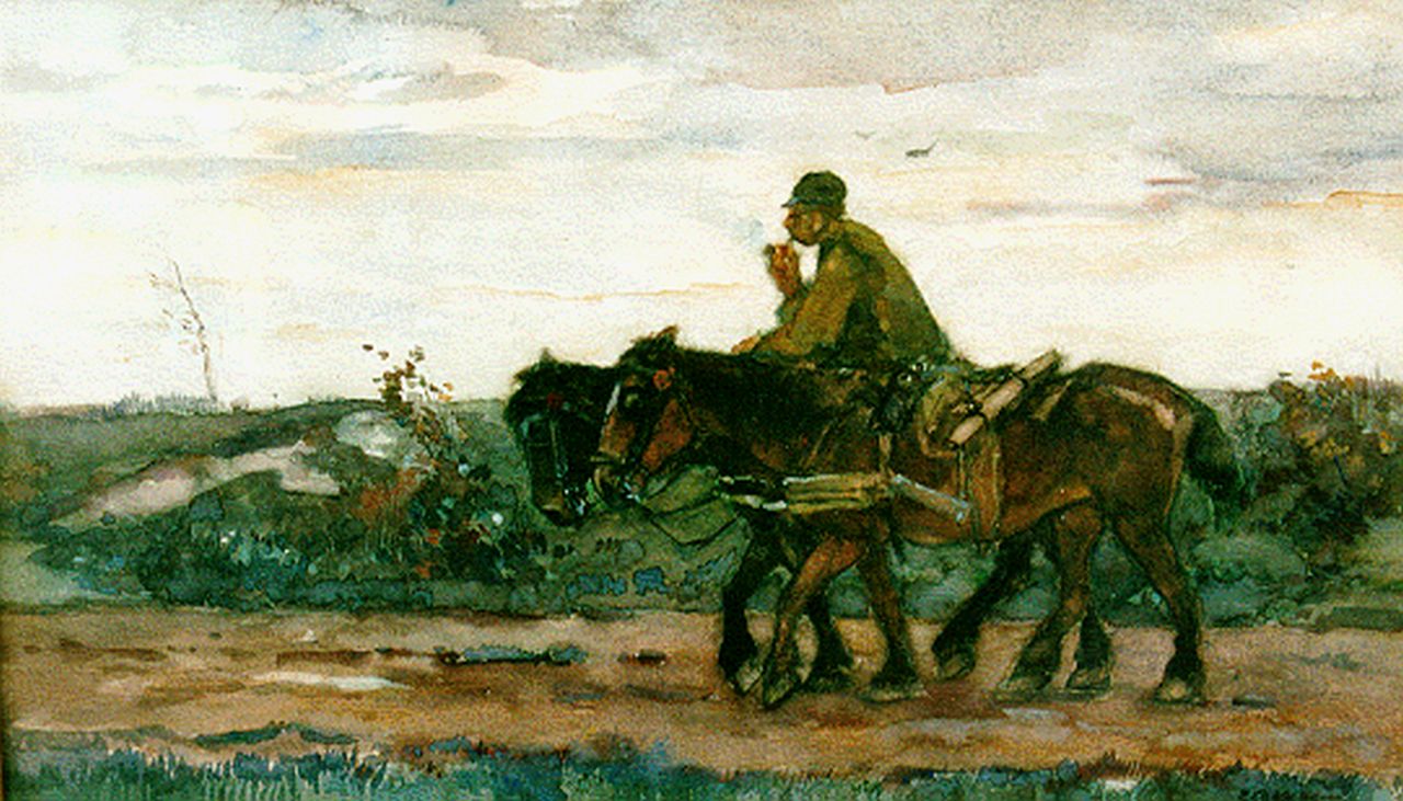 Akkeringa J.E.H.  | 'Johannes Evert' Hendrik Akkeringa, A farmer and horses, Aquarell auf Papier 30,5 x 50,0 cm, signed l.r.