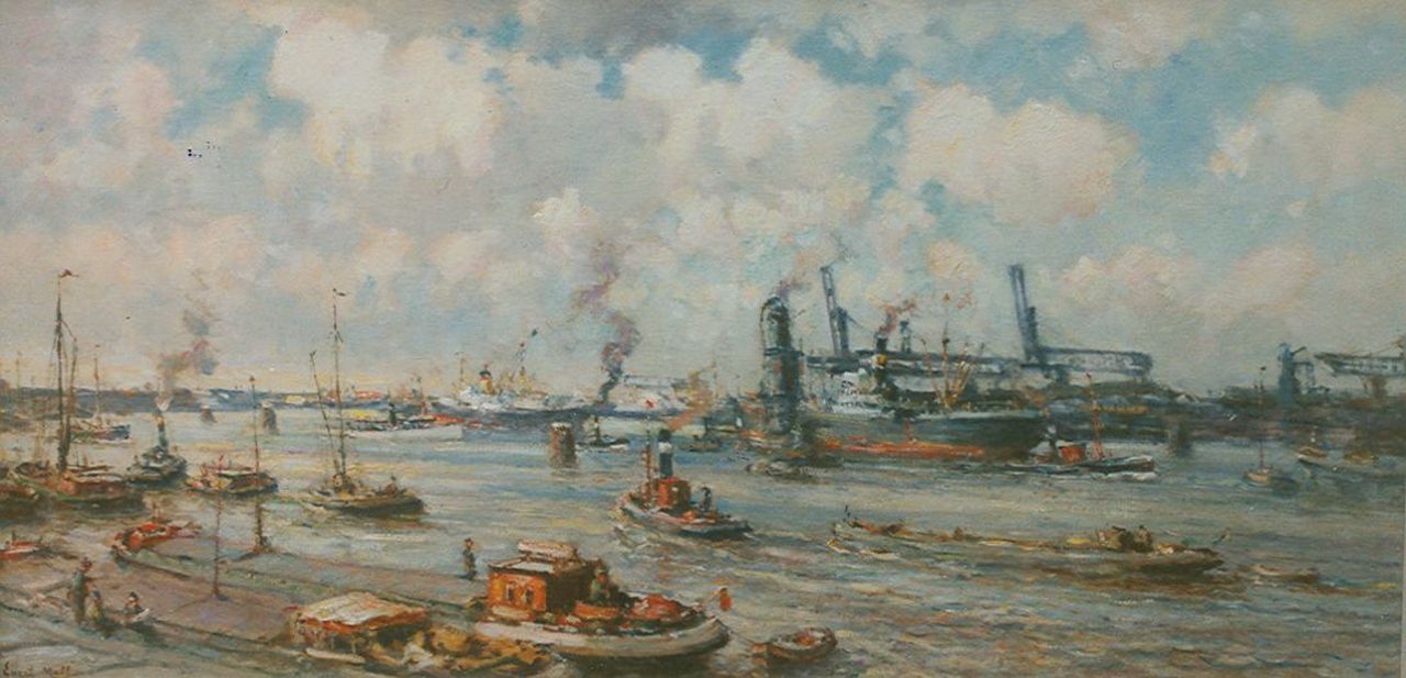 Moll E.  | Evert Moll, Shipping in the harbour, Öl auf Leinwand 63,5 x 125,2 cm, signed l.l.