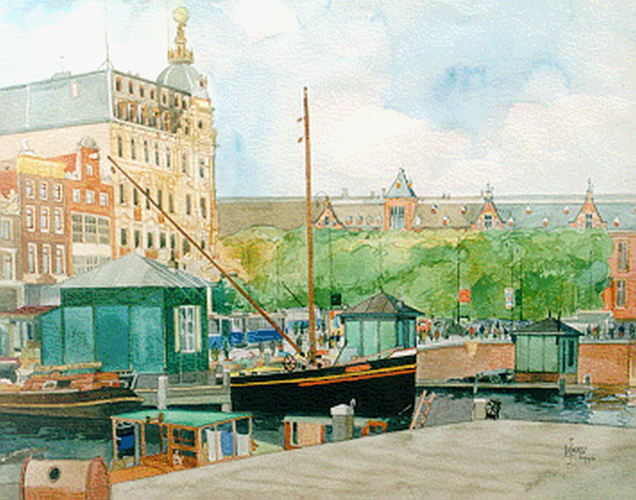 Wiertz H.L.  | Henri Louis 'Joub' Wiertz, View of the Central Station, Amsterdam, Aquarell auf Papier 38,0 x 48,0 cm, signed l.r. und dated 1946