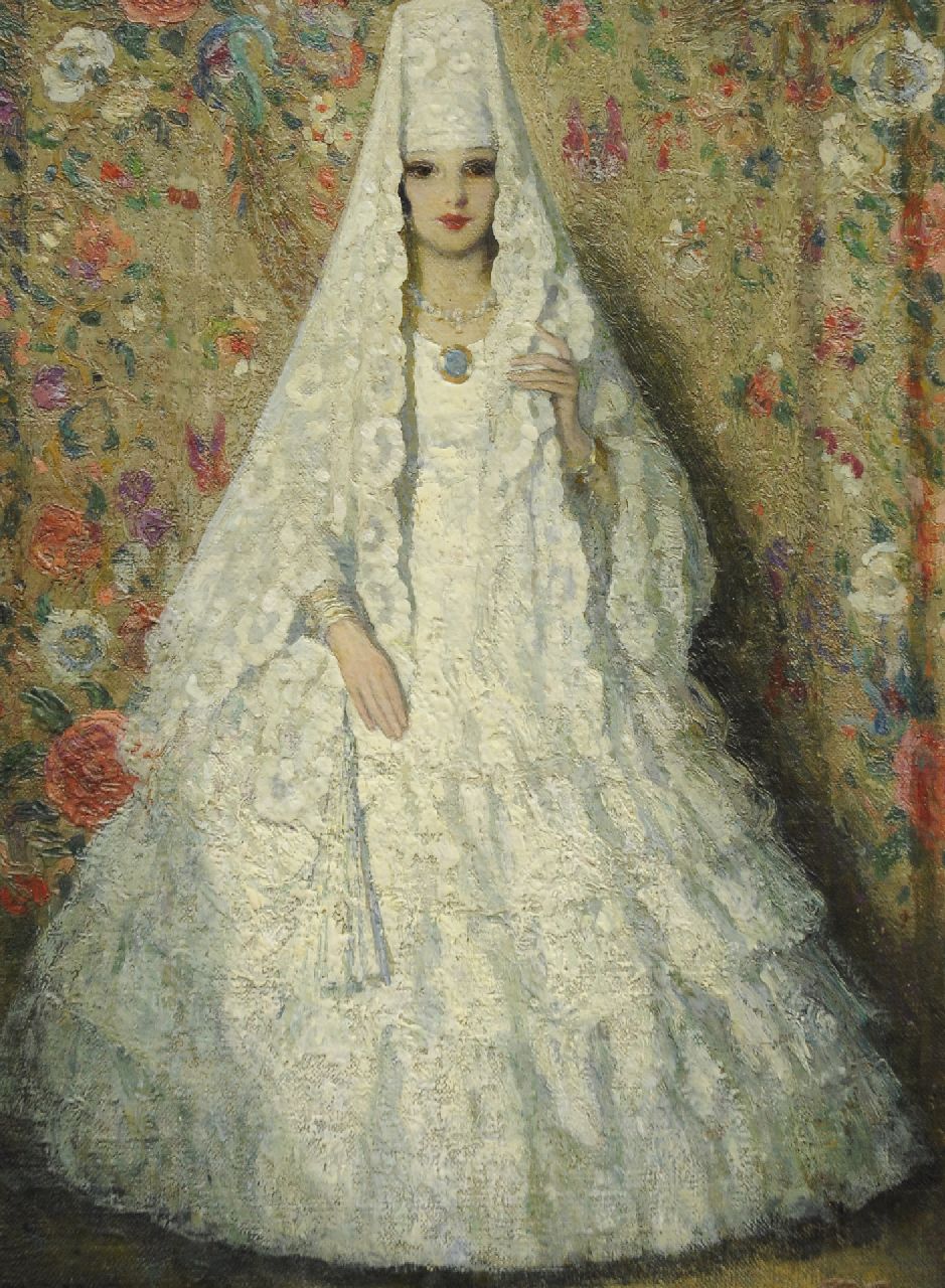 Mora F.L.  | Francis Luis Mora, Mantilla blanca, Öl auf Leinwand 40,5 x 30,5 cm, signed l.r.