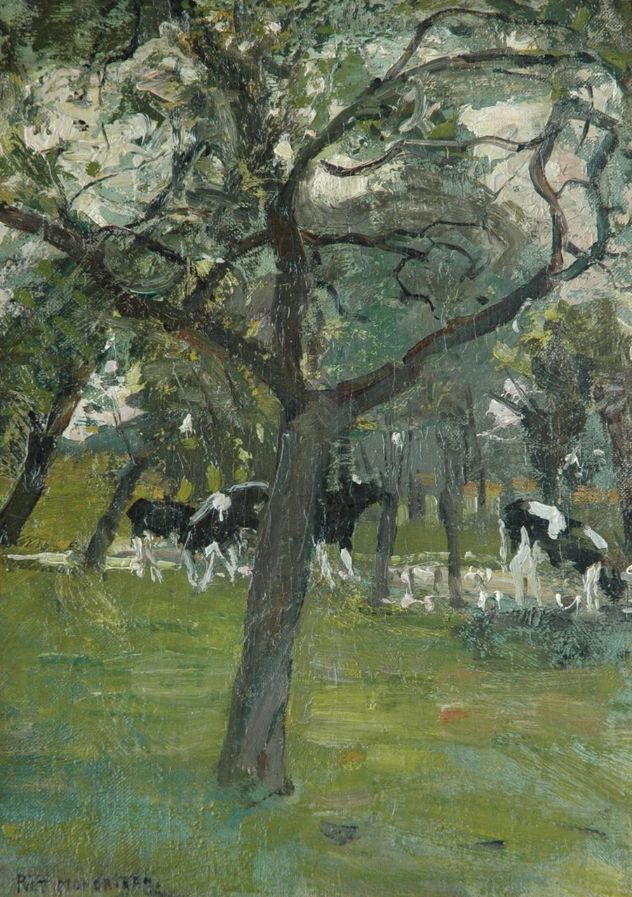 Mondriaan P.C.  | Pieter Cornelis 'Piet' Mondriaan, Cows by a stream, Öl auf Leinwand Malereifaser 37,4 x 27,1 cm, signed l.l. und painted between 1902-1905