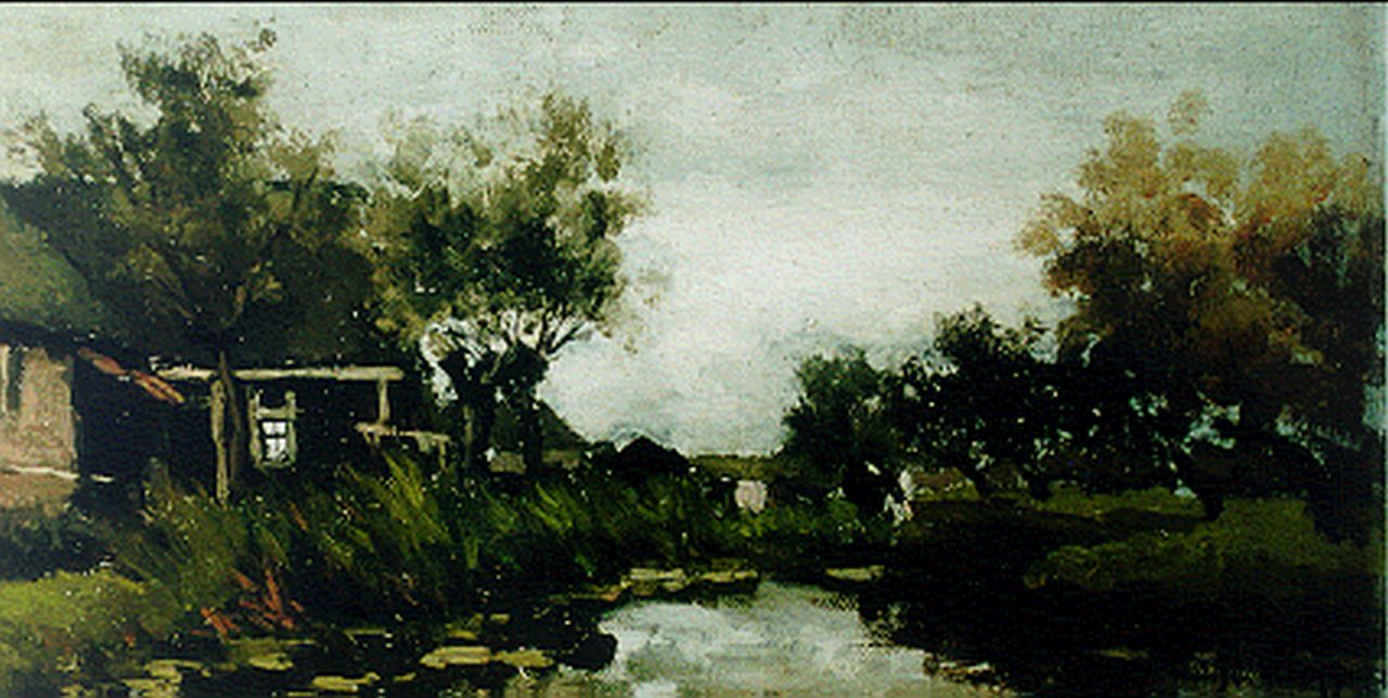 Weissenbruch H.J.  | Hendrik Johannes 'J.H.' Weissenbruch, A farm along a river, Öl auf Leinwand auf Holz 20,0 x 38,3 cm, signed l.r.