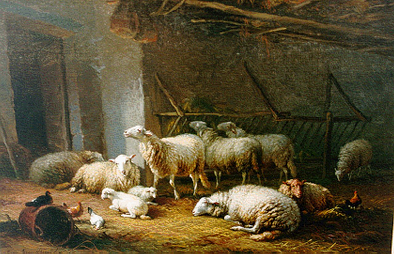 Verboeckhoven E.J.  | Eugène Joseph Verboeckhoven, Poultry and sheep in a stable, Öl auf Leinwand 32,5 x 48,2 cm, signed l.l. und dated 1860