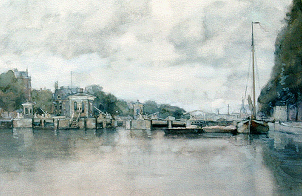 Muller G.G.  | 'Gerard' Gustaaf Muller, Flussschleusen in der Amstel mit dem Royal Theatre Carré, Amsterdam, Aquarell auf Papier 33,0 x 48,5 cm, signed l.l.