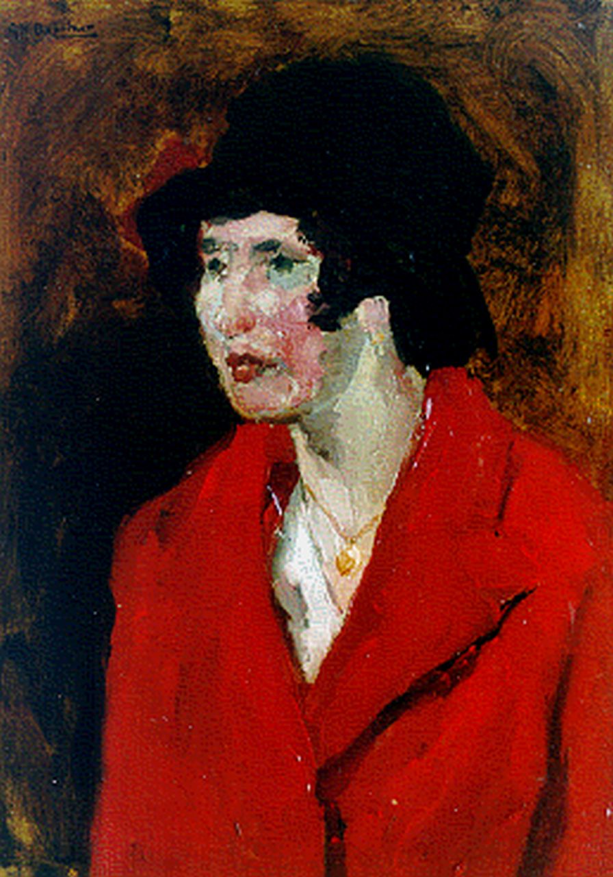 Breitner G.H.  | George Hendrik Breitner, A lady with a red coat, Öl auf Holz 39,5 x 29,0 cm, signed u.l.