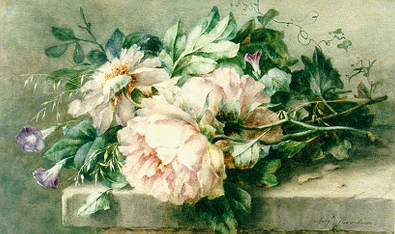 Roosenboom M.C.J.W.H.  | 'Margaretha' Cornelia Johanna Wilhelmina Henriëtta Roosenboom, A still life with peonies and hedge bindweed, Aquarell auf Papier 40,6 x 65,2 cm, signed l.r.