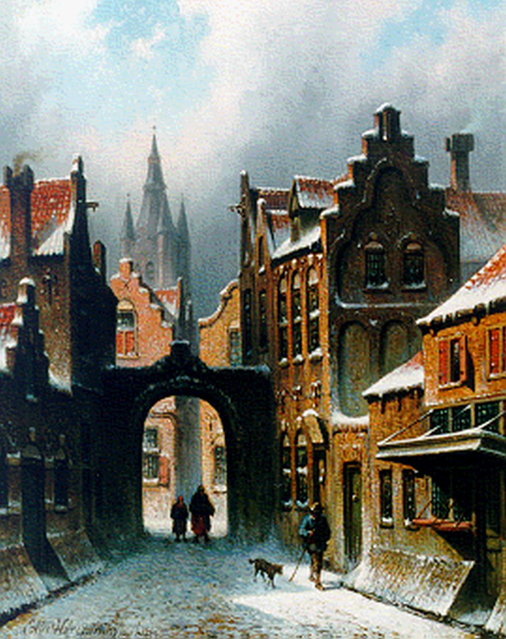 Hilverdink E.A.  | Eduard Alexander Hilverdink, A view of Delft, with the Oude Kerk beyond, Öl auf Holz 29,6 x 23,5 cm, signed l.l. und painted July 1869