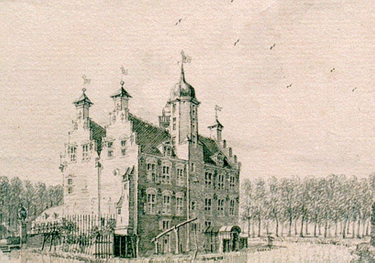 Beijer J. de | Jan de Beijer, A view of 't Huys Oude Ghijn', Aquarell auf Papier 6,9 x 9,9 cm, signed on the reverse