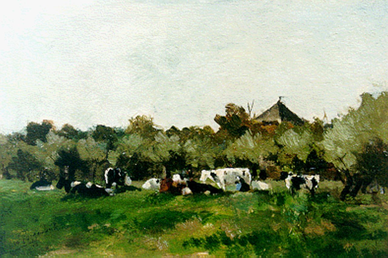 Poggenbeek G.J.H.  | George Jan Hendrik 'Geo' Poggenbeek, Milking the cows, 18,1 x 27,0 cm, signed l.l.