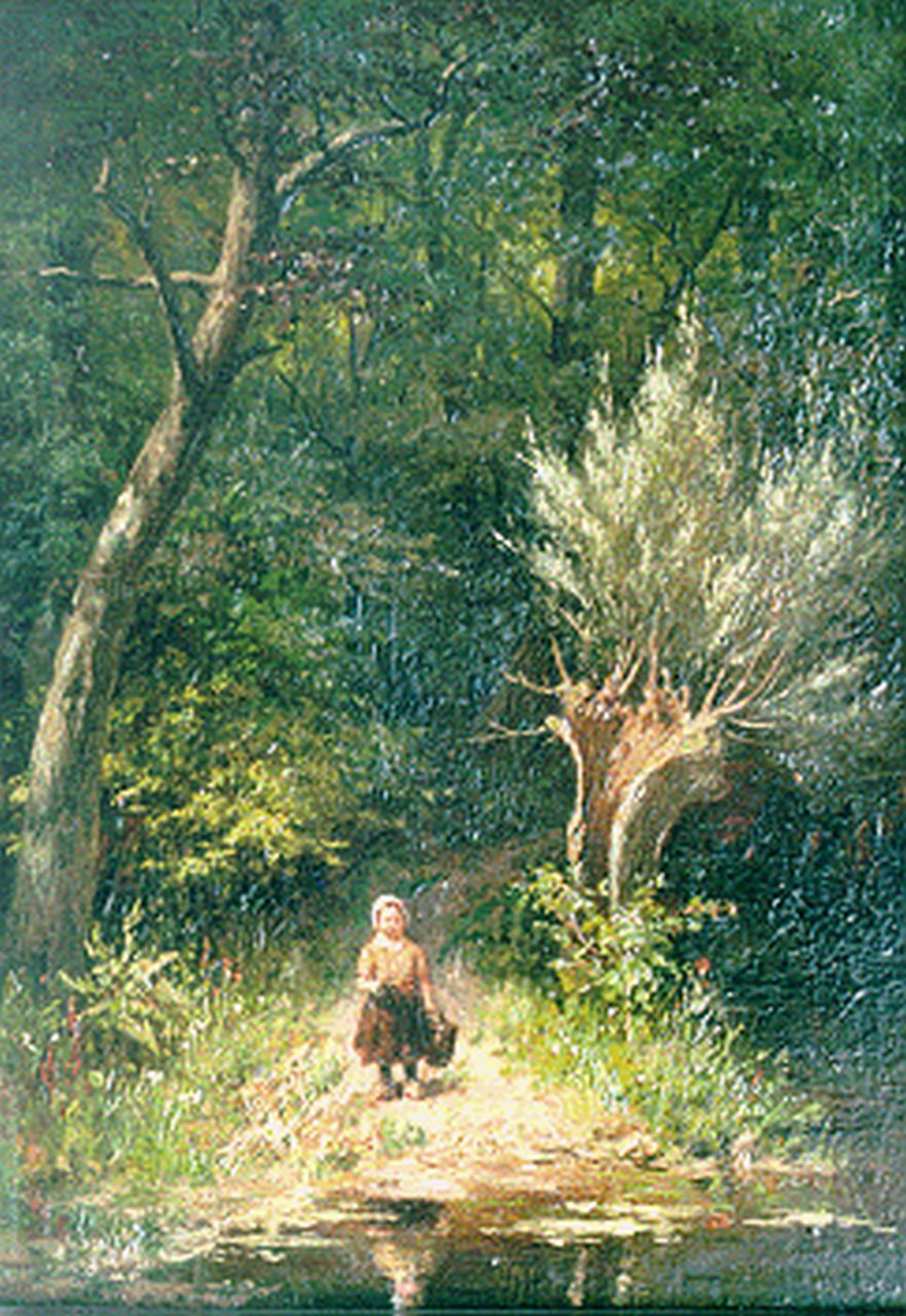 Gerstenhauer Zimmerman J.G.  | Johan Georg Gerstenhauer Zimmerman, A little girl by a forest pond, Öl auf Holz 32,9 x 23,3 cm, signed l.r.
