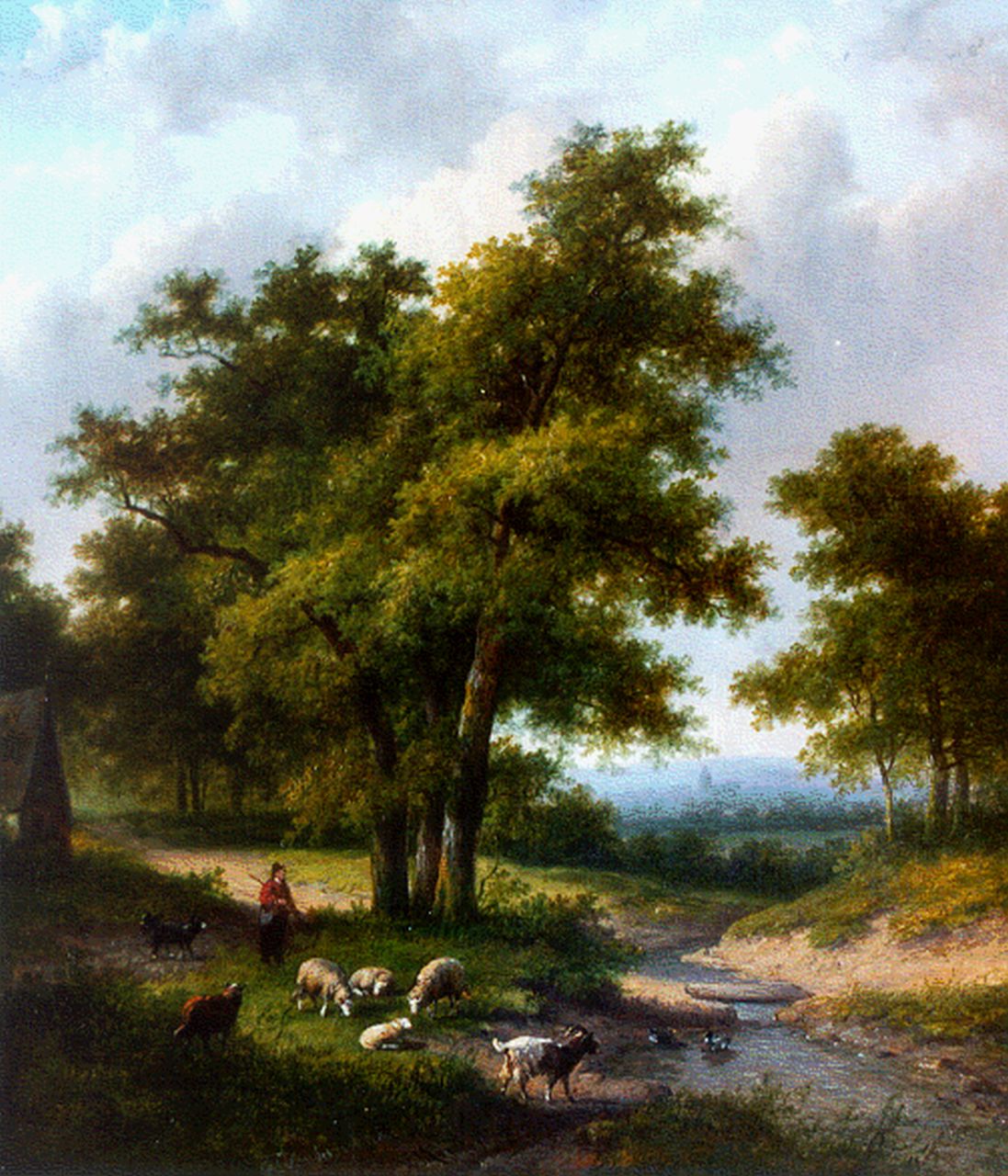 Morel II J.E.  | Jan Evert Morel II, A herdsman with cattle near a stream in a wooded landscape, Öl auf Leinwand 31,7 x 28,1 cm, signed l.m.