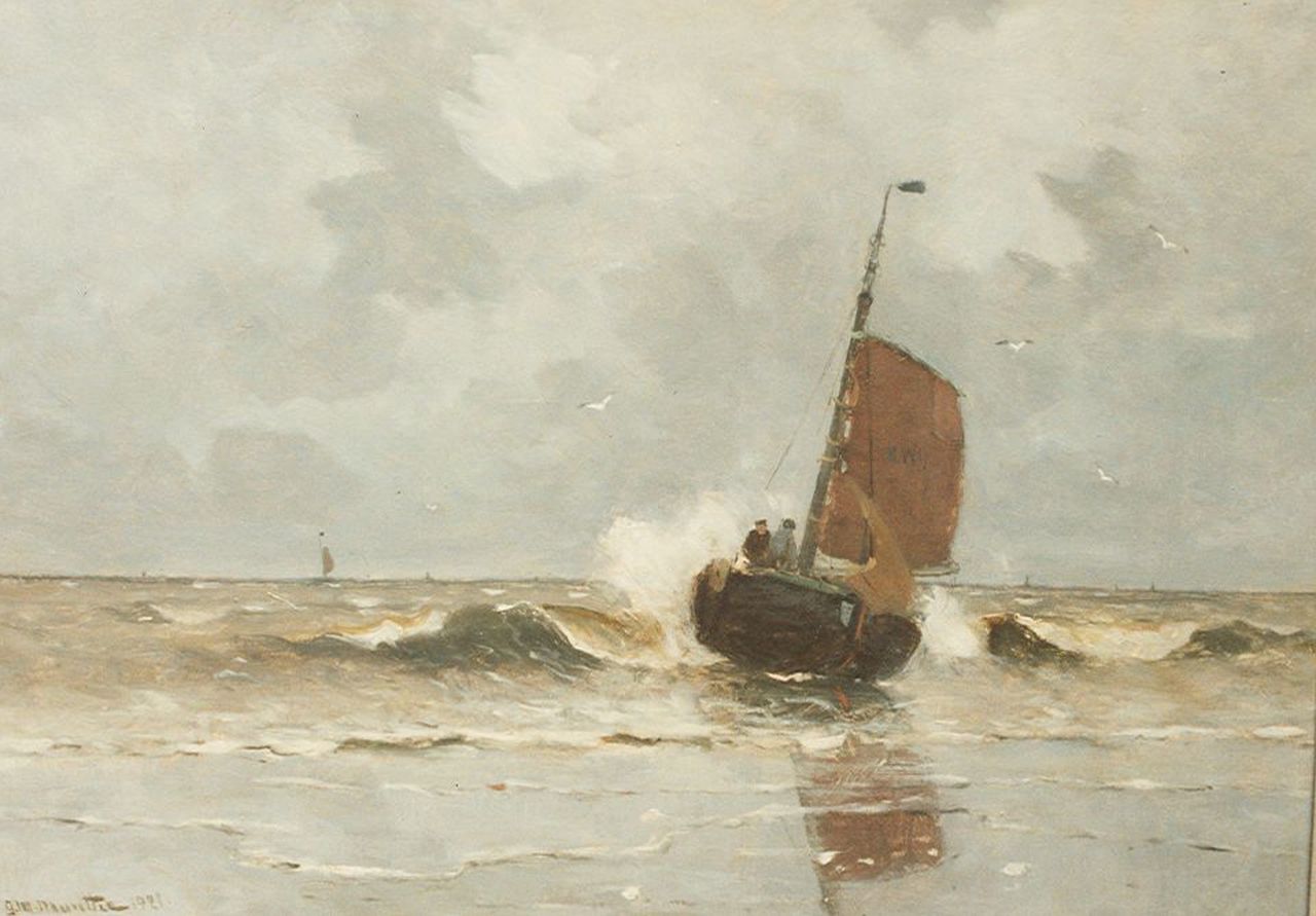 Munthe G.A.L.  | Gerhard Arij Ludwig 'Morgenstjerne' Munthe, A 'bomschuit' in the surf, Öl auf Leinwand 50,0 x 70,2 cm, signed l.l. und dated 1921