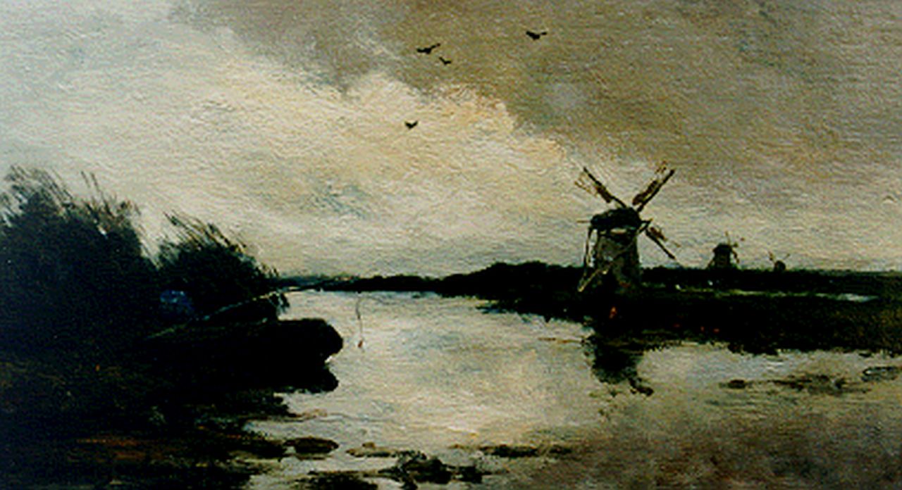 Weissenbruch H.J.  | Hendrik Johannes 'J.H.' Weissenbruch, Angler in a polder landscape, Öl auf Holz 16,2 x 29,1 cm, signed l.l.