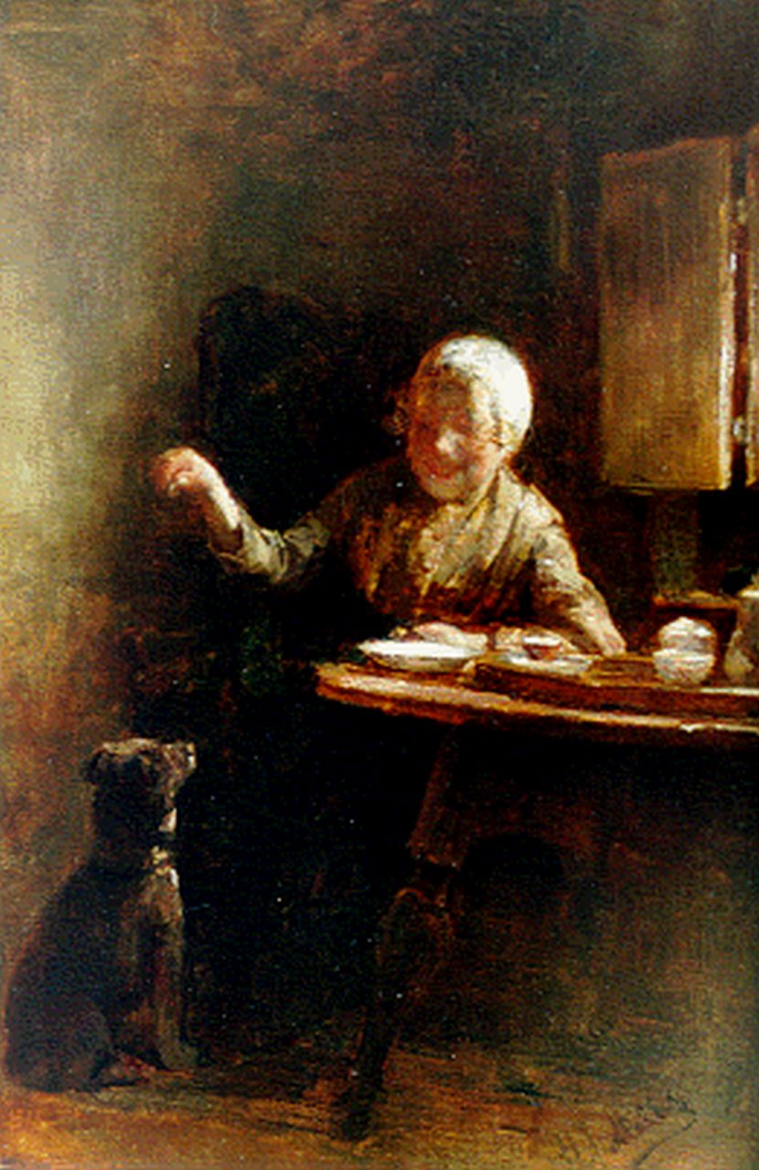 Mélis H.J.  | Henricus Joannes Mélis, Feeding the dog, Öl auf Leinwand 39,1 x 26,0 cm, signed l.r.