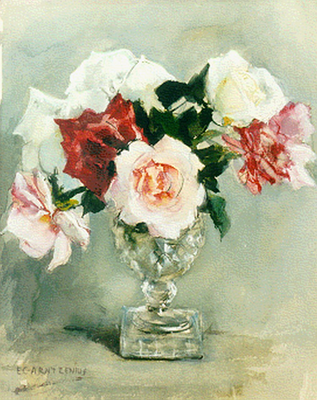 Arntzenius E.C.  | Elise Claudine Arntzenius, Roses in a crystal vase, Aquarell und Gouache auf Papier 34,0 x 26,8 cm, signed signed l.l.