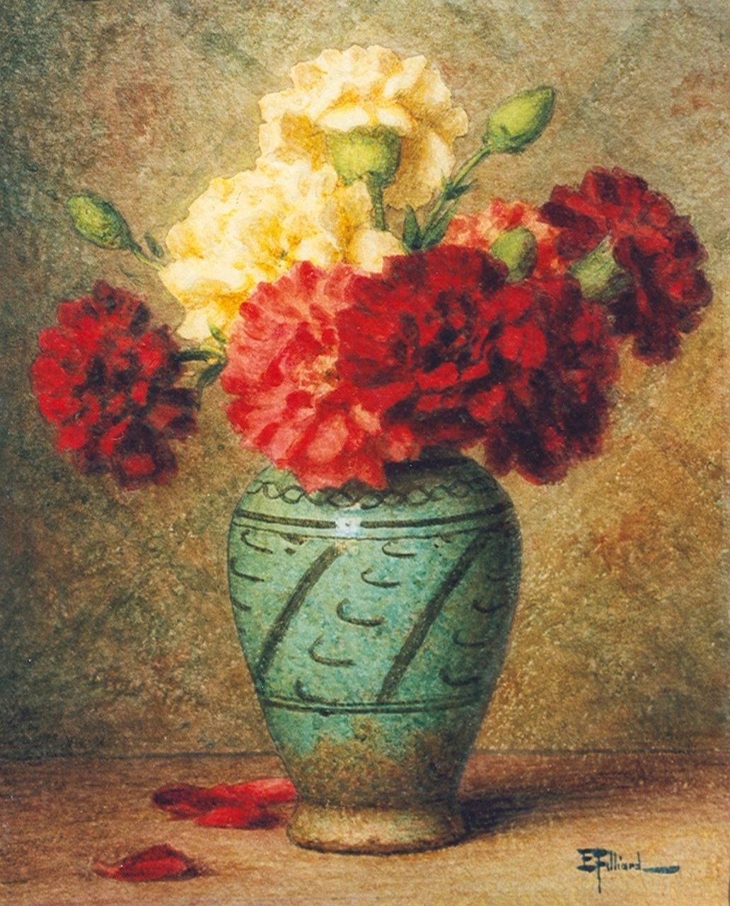 Filliard E.  | Ernest Filliard, Still life with carnations in a vase, Aquarell auf Papier 35,7 x 28,7 cm, signed l.r.