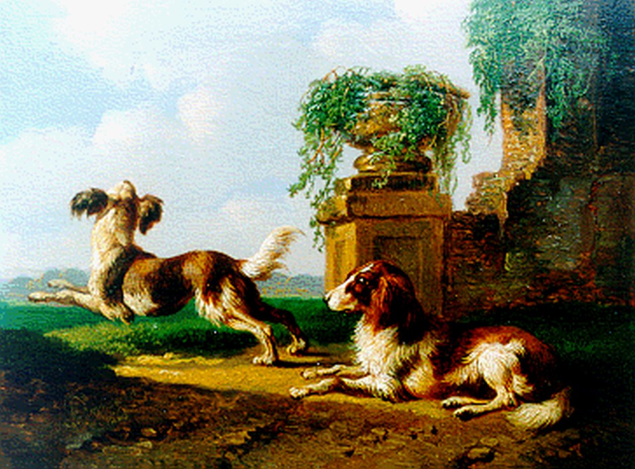 Verhoesen A.  | Albertus Verhoesen, Two dogs in a classical landscape, Öl auf Holz 11,2 x 14,8 cm, signed l.l. und dated 1865