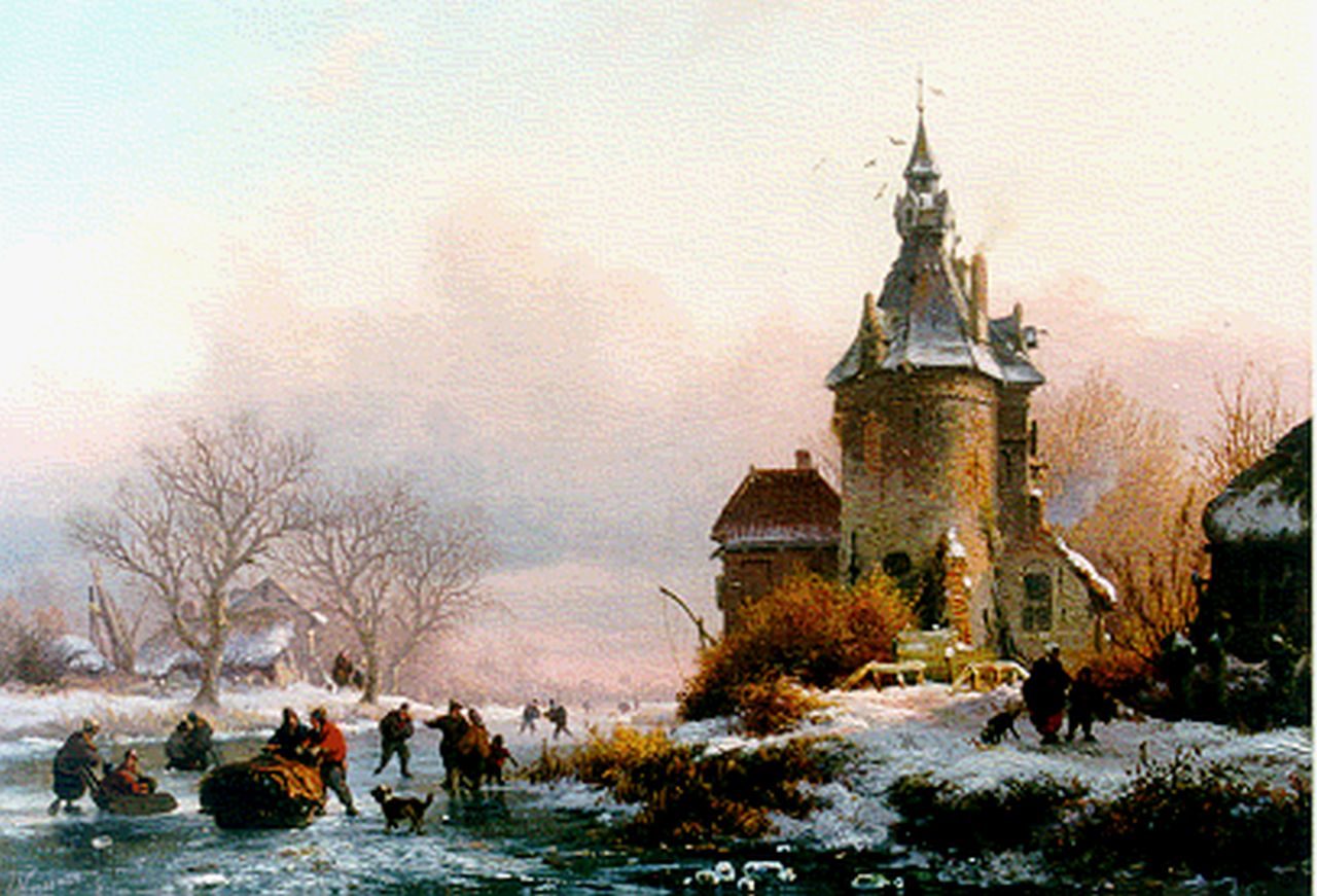 Kruseman F.M.  | Frederik Marinus Kruseman, Skaters on a frozen waterway, Öl auf Holz 15,6 x 19,7 cm, signed l.l. und dated 1855