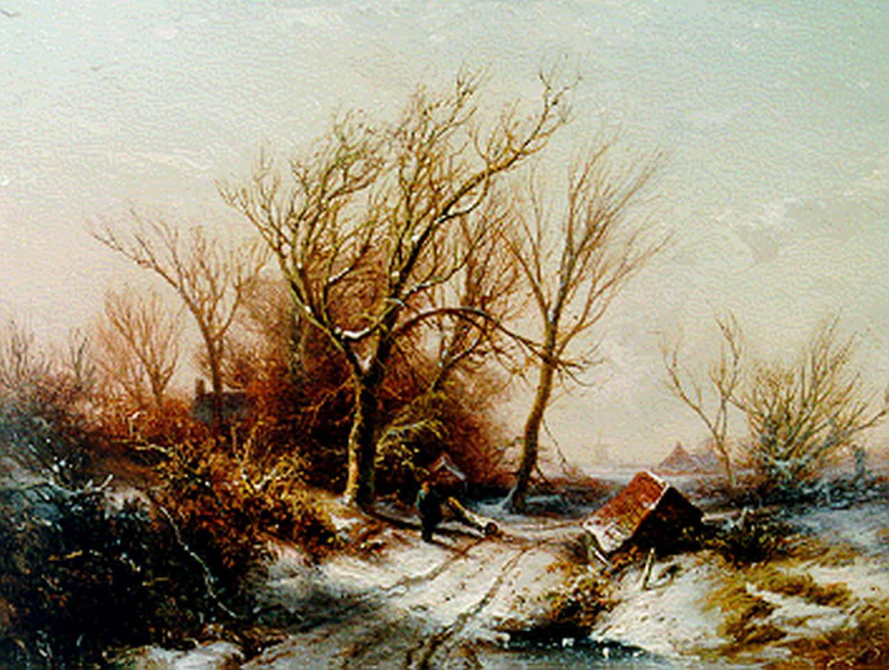 Kluyver P.L.F.  | 'Pieter' Lodewijk Francisco Kluyver, A winter landscape with a traveller on a path, Öl auf Holz 23,3 x 30,8 cm, signed l.r.