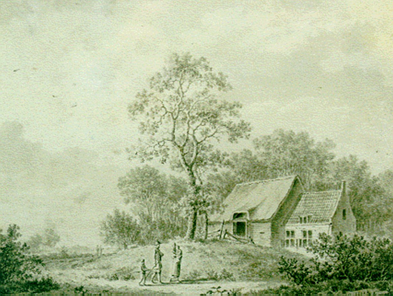 Koekkoek B.C.  | Barend Cornelis Koekkoek, Sommerlandschaft mit Wanderern, Sepia auf Papier 13,6 x 17,5 cm, Unterzeichnet r.u.