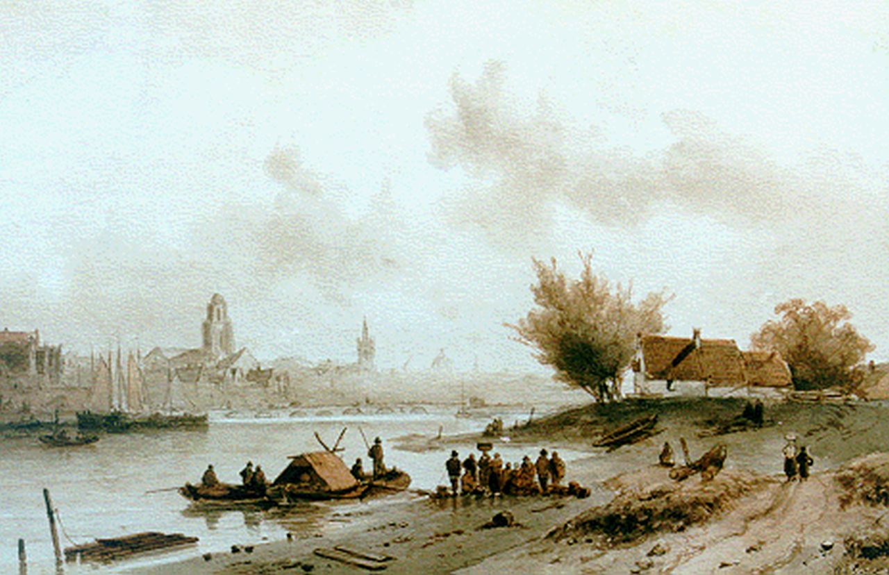 Leickert C.H.J.  | 'Charles' Henri Joseph Leickert, A ferry in a river landscape, Tinte und Aquarell auf Papier 26,0 x 40,5 cm, signed l.r.