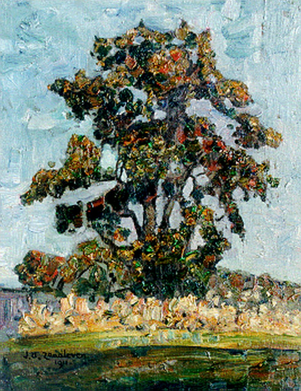 Zandleven J.A.  | Jan Adam Zandleven, A tree in a landscape, Öl auf Leinwand Malereifaser 41,5 x 32,5 cm, signed l.l. und dated 1911