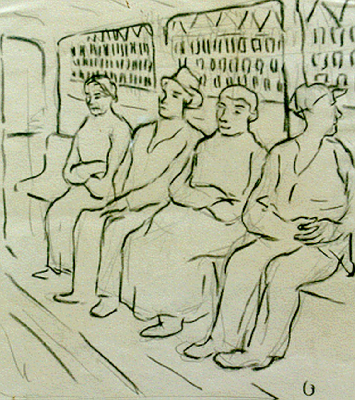 Oepts W.A.  | Willem Anthonie 'Wim' Oepts, Figures in a ferry, Bleistift und Kreide auf Papier 23,0 x 21,0 cm, signed l.r. with 'O'