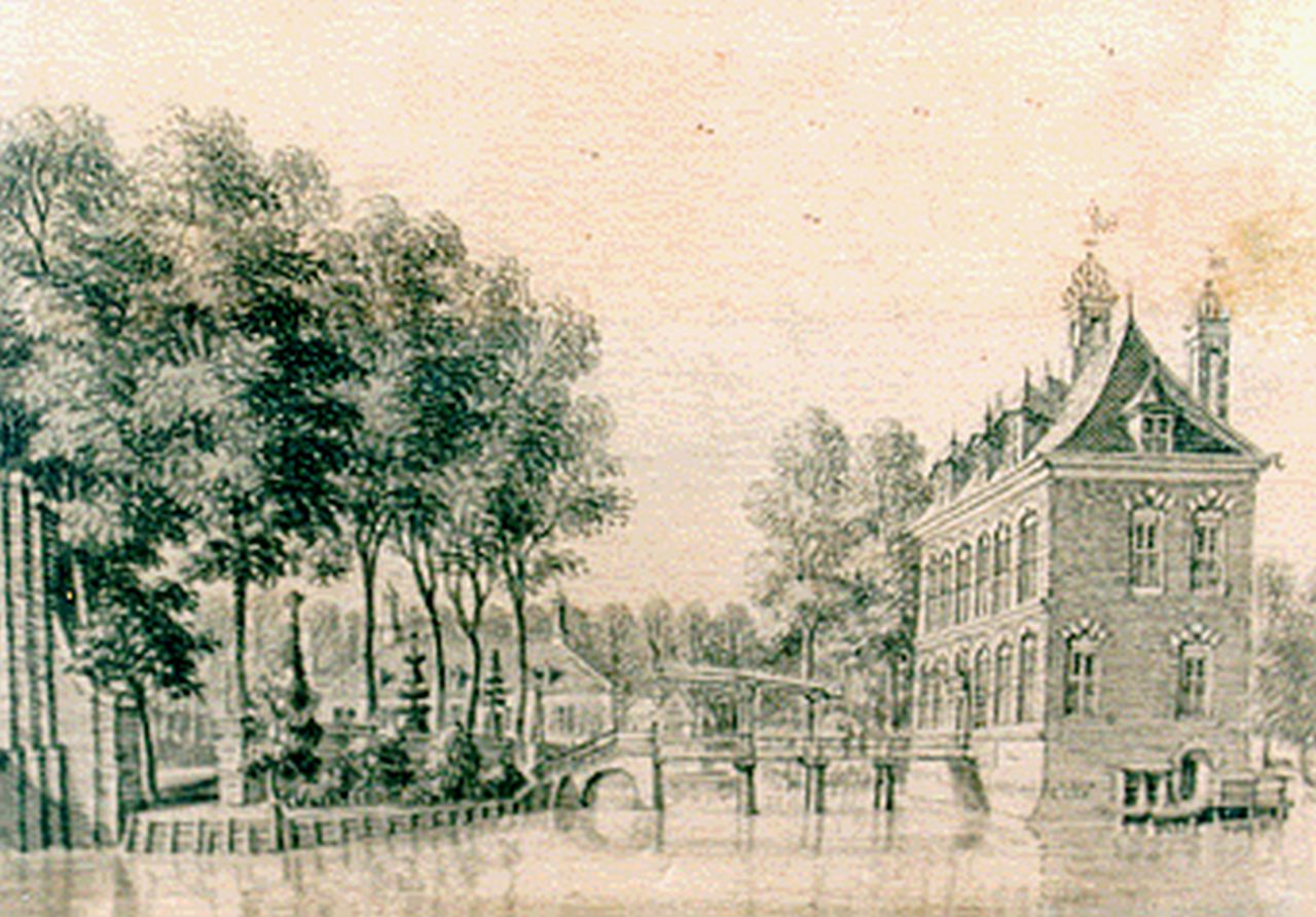 Beijer J. de | Jan de Beijer, A view of 't Huys de Vliet', Aquarell auf Papier 6,9 x 9,9 cm, signed on the reverse