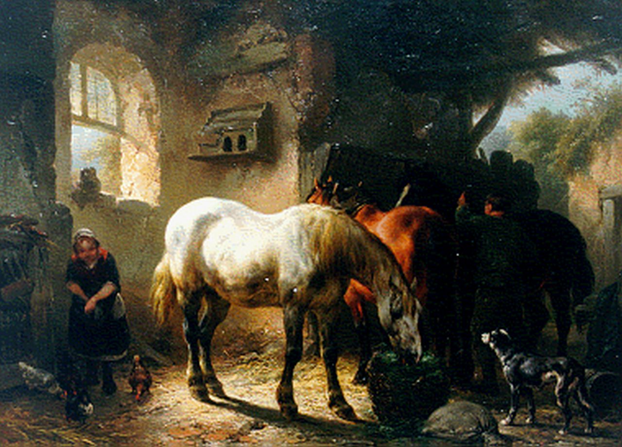 Verschuur W.  | Wouterus Verschuur, Feeding the horses, Öl auf Holz 31,7 x 43,9 cm, signed l.l.