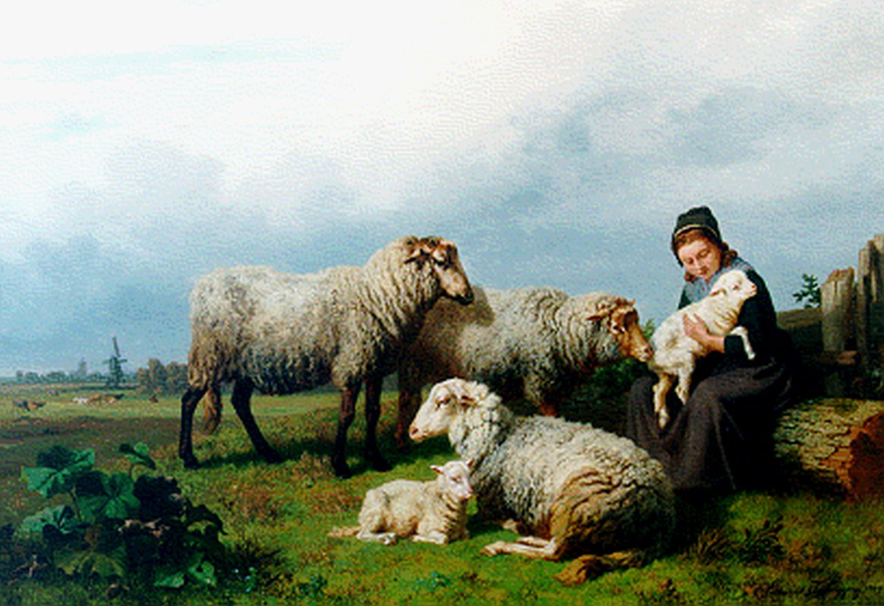 Tschaggeny E.J.B.  | Edmond Jean-Baptiste Tschaggeny, A shepherdess with sheep and lambs, Öl auf Leinwand 75,2 x 110,6 cm, signed l.r. und dated 1869