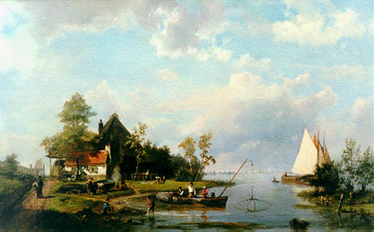 Koekkoek H.  | Hermanus Koekkoek, A river landscape with a shipyard, Öl auf Leinwand 47,4 x 74,9 cm, signed l.l.