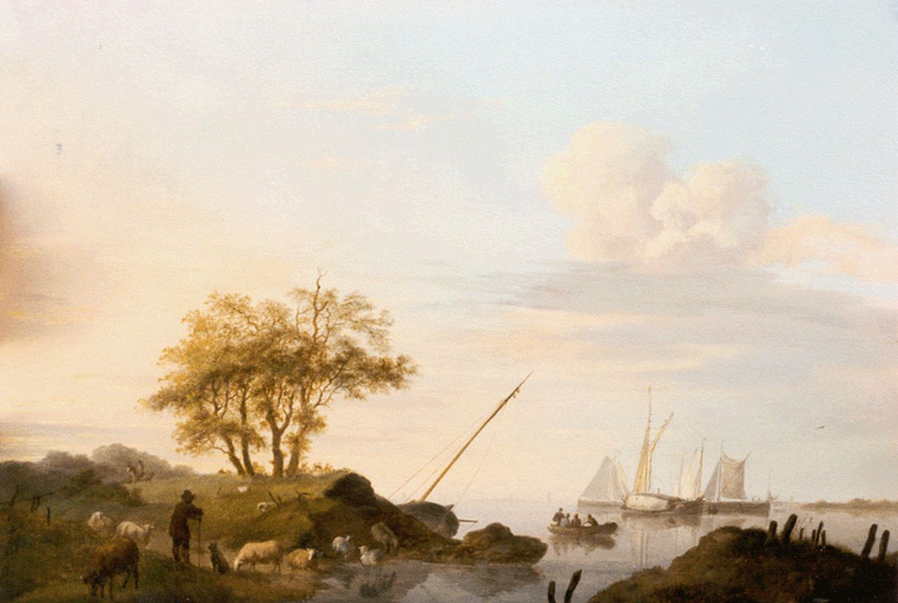 Koekkoek J.H.  | Johannes Hermanus Koekkoek, Vessels in a calm at sunset, Öl auf Holz 24,6 x 33,3 cm, signed l.r. und dated 1851