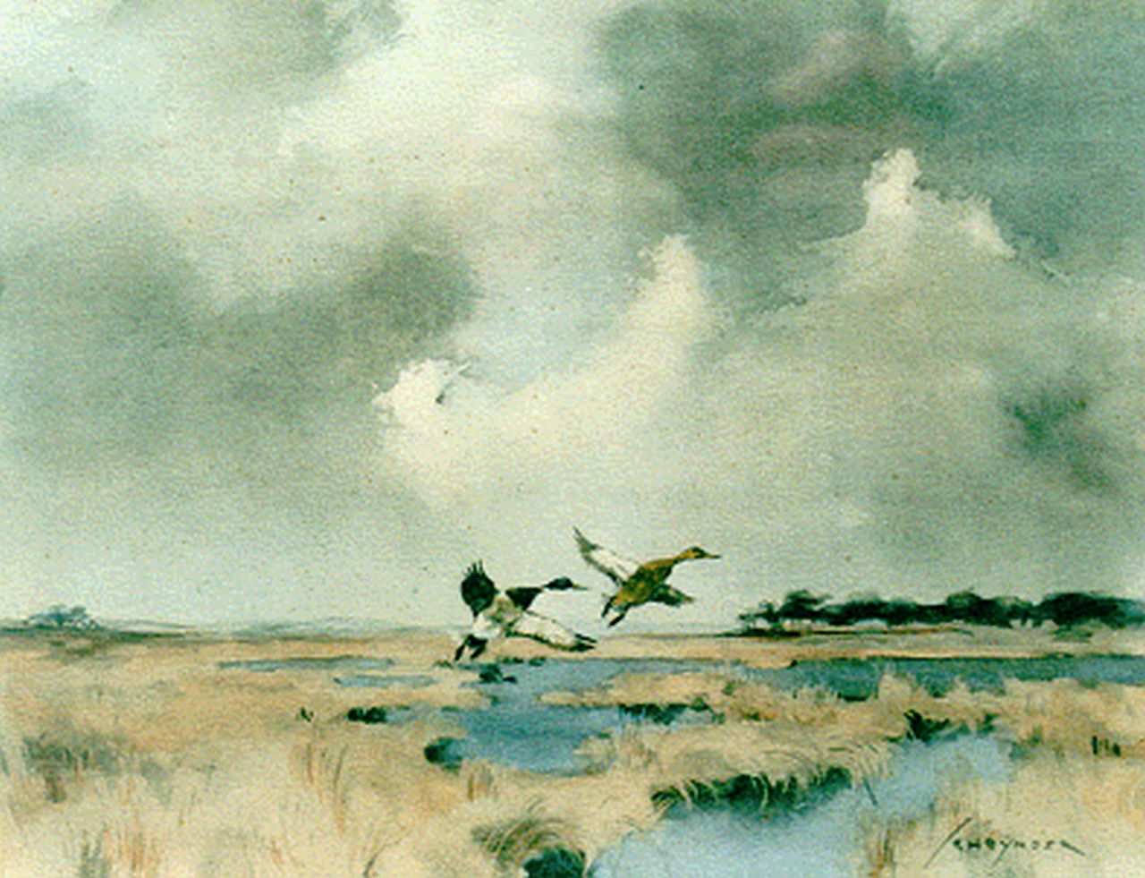 Schrijnder J.A.  | Josephus Alphonus 'Jo' Schrijnder, Ducks flying up, Aquarell und Gouache auf Papier 21,0 x 27,5 cm, signed l.r.