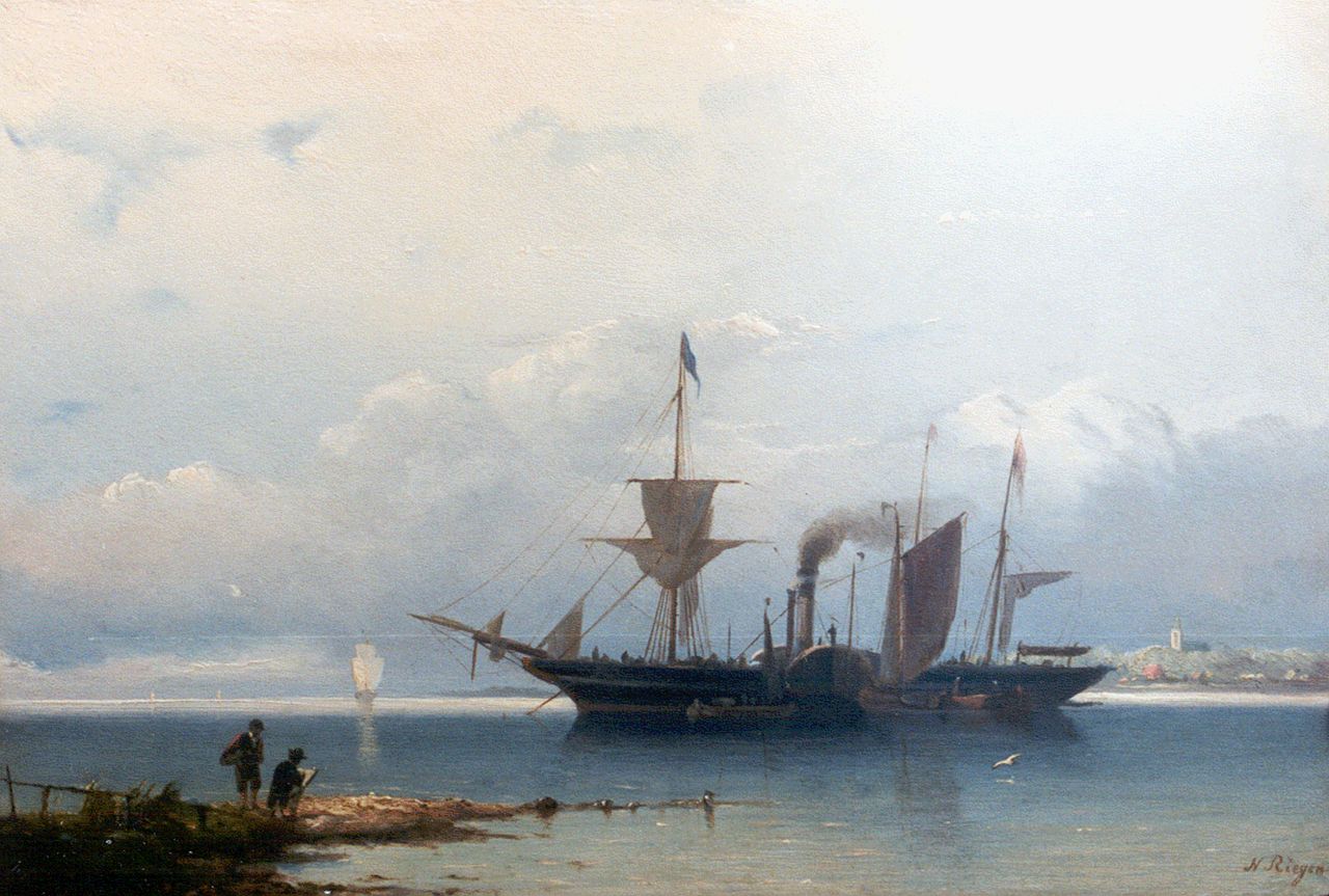 Riegen N.  | Nicolaas Riegen, Shipping at the harbour mouth, Öl auf Holz 19,8 x 29,5 cm, signed l.r.