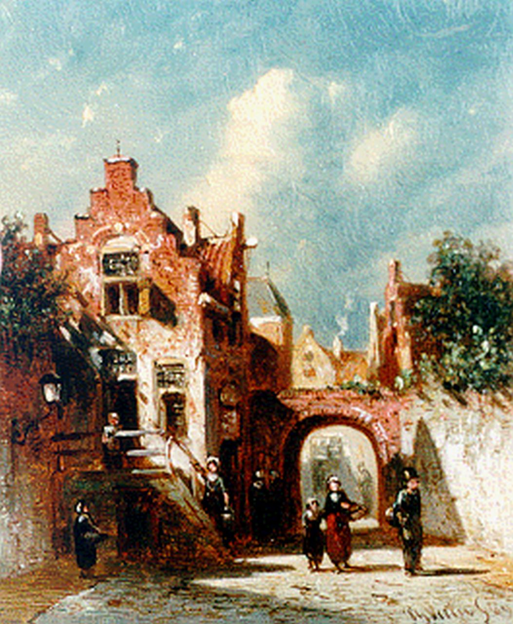 Vertin P.G.  | Petrus Gerardus Vertin, Dailiy activities in a sunlit Dutch town, Öl auf Holz 13,0 x 10,8 cm, signed l.r. und dated '69