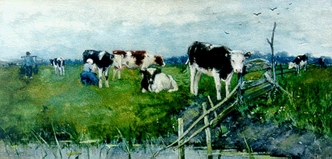 Poggenbeek G.J.H.  | George Jan Hendrik 'Geo' Poggenbeek, Milk-maid in a landscape, Aquarell auf Papier 21,6 x 44,3 cm, signed l.r.