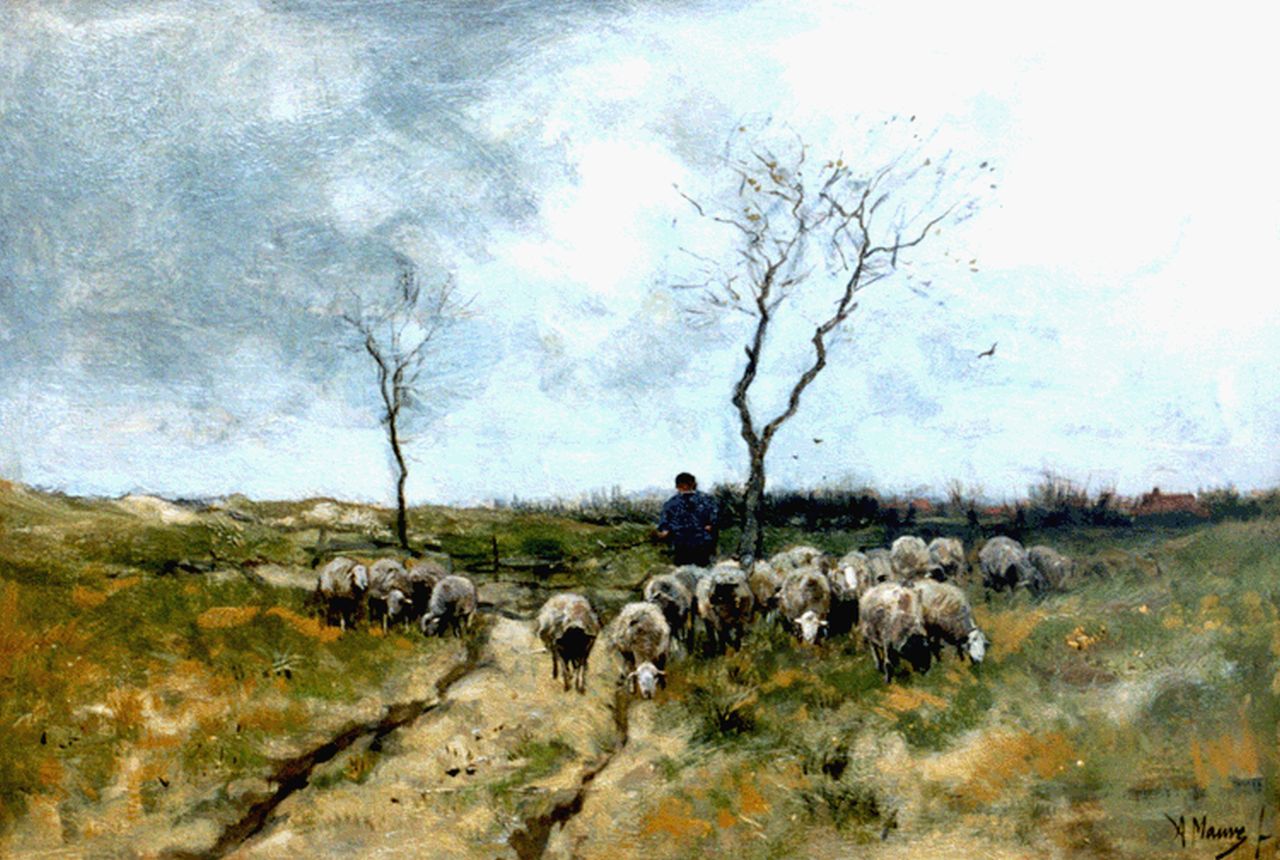 Mauve A.  | Anthonij 'Anton' Mauve, A shepherd and flock on the heath, Laren, Öl auf Leinwand 42,9 x 63,8 cm, signed l.r.