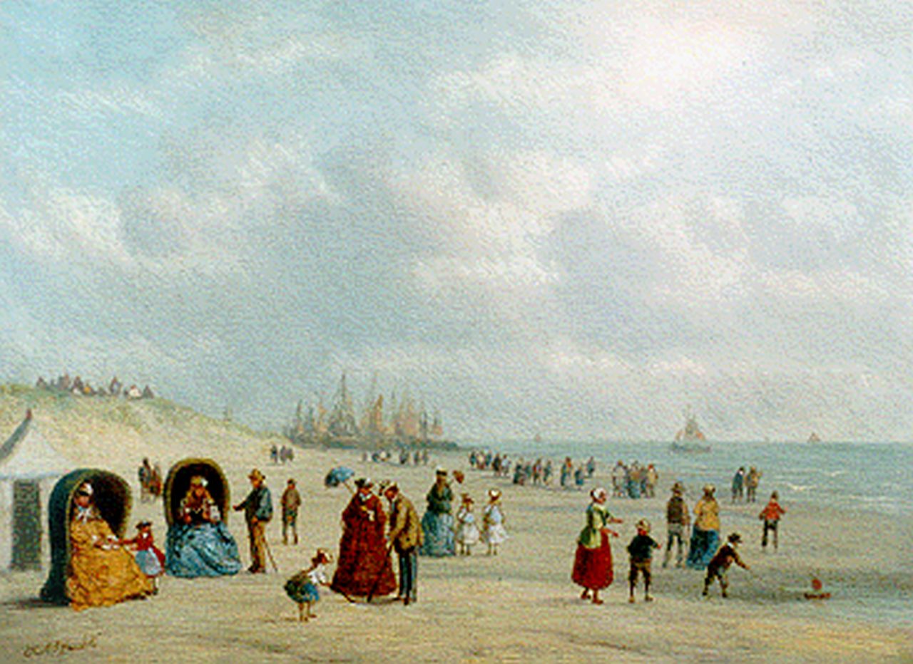 Ahrendts C.E.  | Carl Eduard Ahrendts, Elegant company on the beach, Öl auf Holz 16,8 x 22,5 cm, signed l.l.