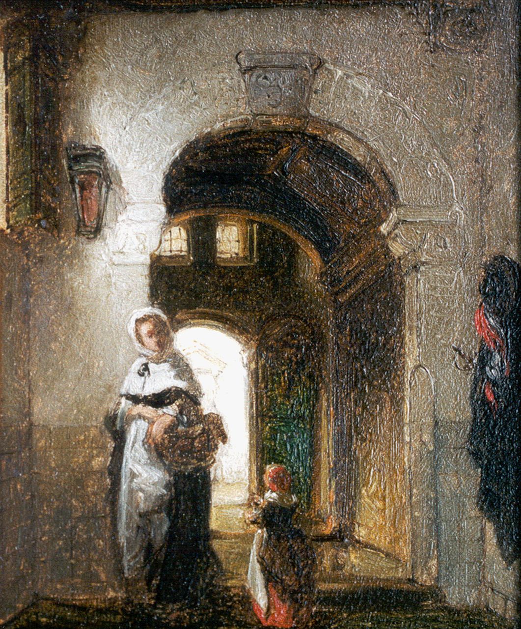 Stroebel J.A.B.  | Johannes Anthonie Balthasar Stroebel, Domestic interior, Öl auf Holz 14,1 x 11,7 cm, signed with 'S' und dated 1870 on the capitals