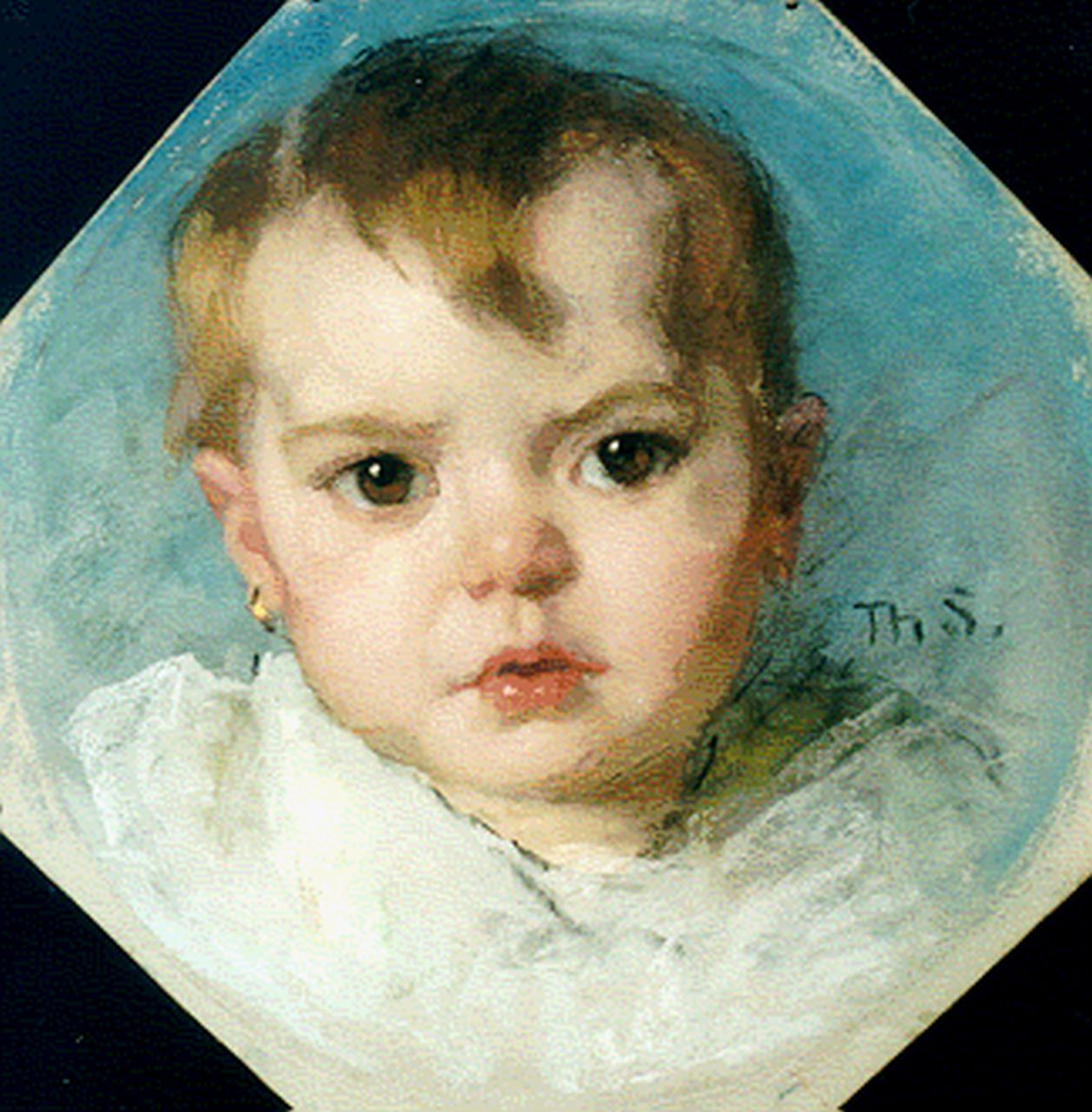 Schwartze T.  | Thérèse Schwartze, A portrait of a child, Pastell auf Papier 25,4 x 25,4 cm, signed m.r. with initials