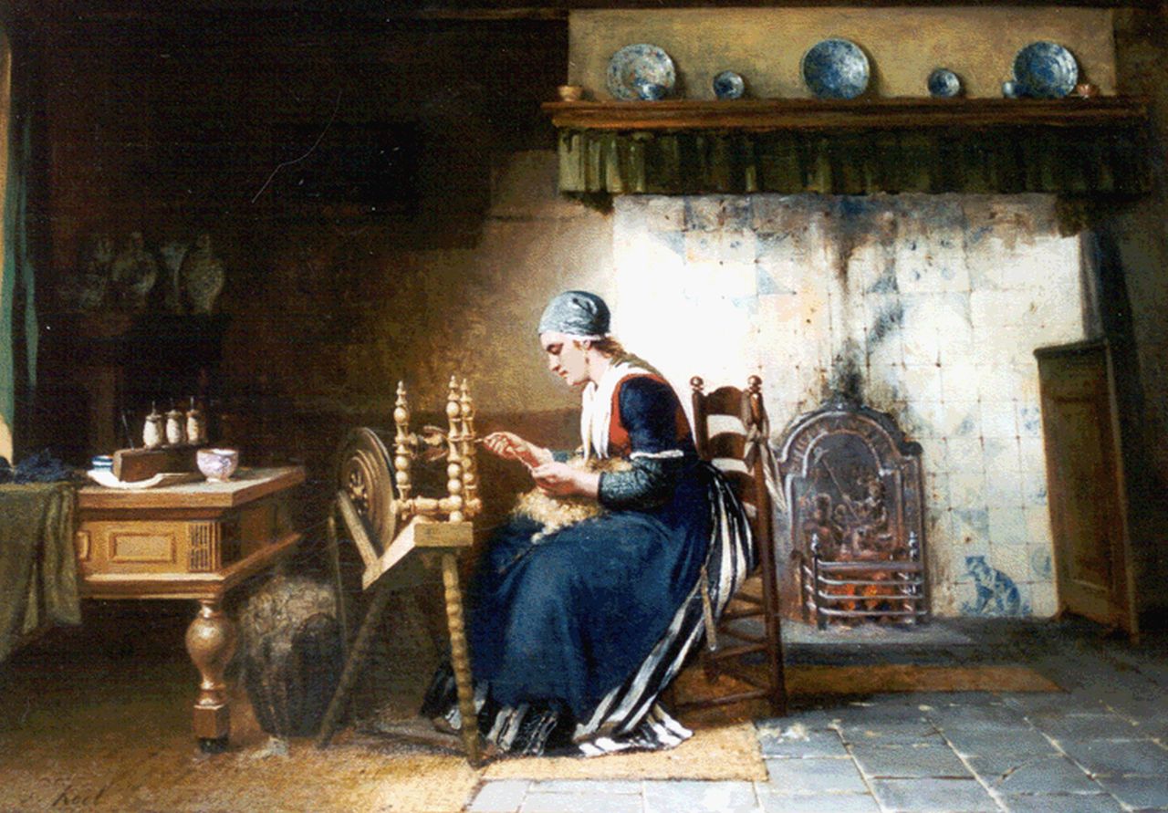 Kool S.C.  | Sipke 'Cornelis' Kool, At the spinning wheel, Öl auf Leinwand 58,8 x 82,4 cm, signed l.l.